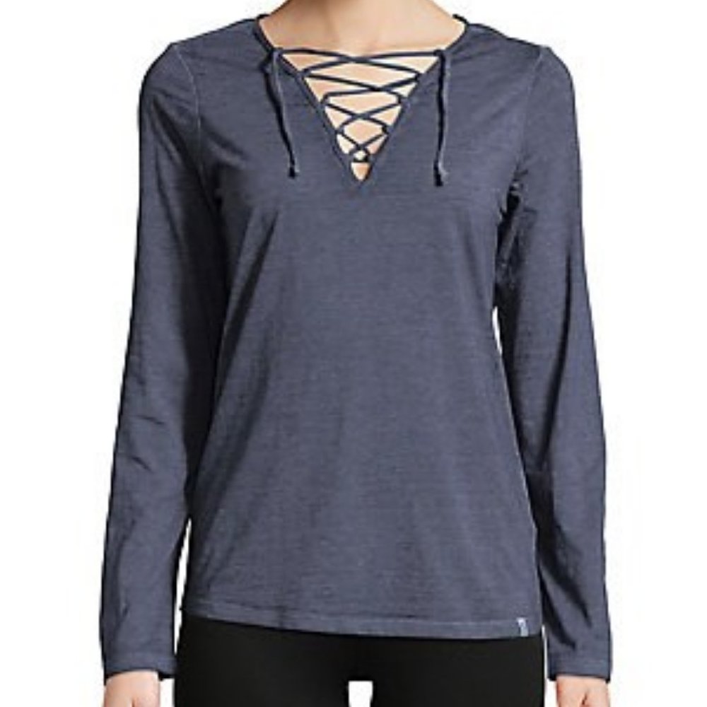 MNY Navy Lace-up Front Long Sleeve Shirt Top L
